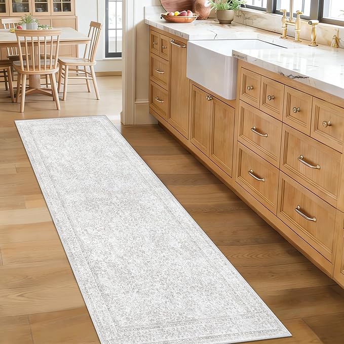 2x8 Hallway Runner Rug: Washable Vintage Floral Entryway Rugs Low Pile Non-Slip Boho Carpet for Kitchen, Bedroom, Bathroom, Dining Room (FloralGrey, 2'x8') - Image 3