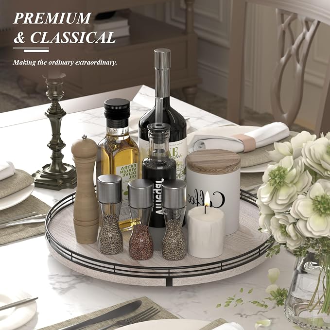 AMH 16-Inch Whitewashed Farmhouse Oak Lazy Susan Organizer | Smooth rotating oak tray with walnut finish for dining tables, kitchen counters, pantries and cabinet storage. - Image 3