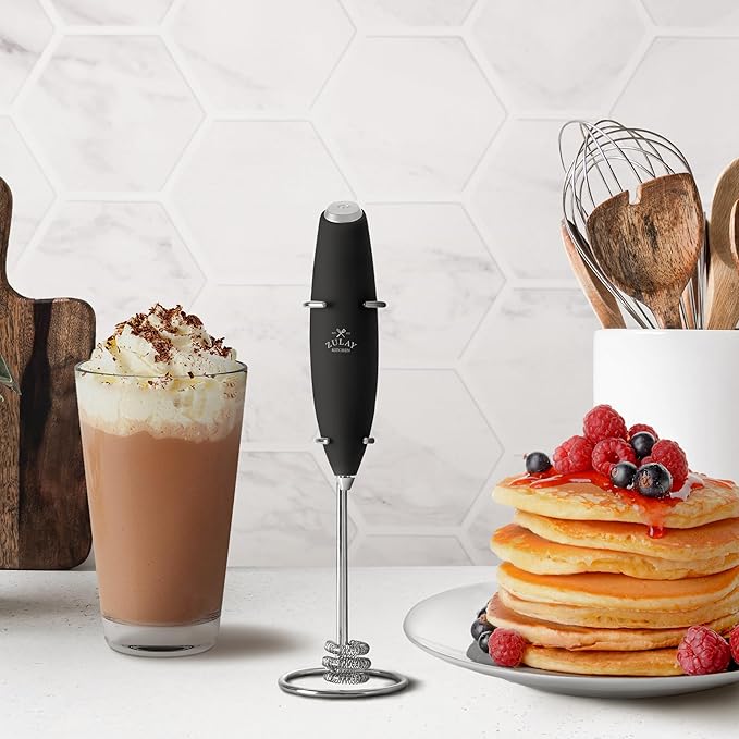 Zulay Kitchen Tornado Milk Frother Handheld Wand – Electric Coffee Frother with Triple Whisk & Stand – Hand Held Drink Mixer for Latte, Cappuccino, Matcha, Hot Chocolate, Protein Shakes – Black