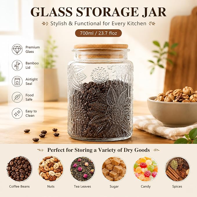 Vintage Glass Jar with Bamboo Lid, 23.7 FL oz - Airtight Decorative Food Storage Canisters for Kitchen Counter, Ideal for Candy, Sugar, Coffee, Cookies (Sunflower*2) - Image 5