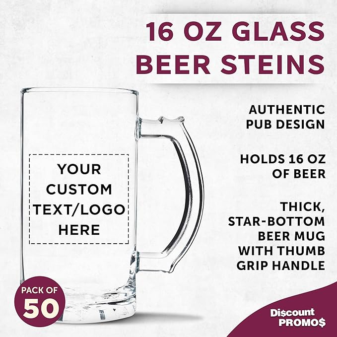 DISCOUNT PROMOS Custom Glass Beer Mug 16 oz. Set of 50, Personalized Bulk Pack - Great for Wedding Favors, Groomsmen Gifts, Birthday Gifts - Clear Bottom Color