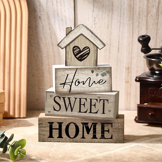 Moucuny 4 Pcs Farmhouse Table Decor Rustic Home Sweet Home Tiered Tray Decorations Retro Wooden House Shaped Block Signs Farmhouse Stacked Table Decoration for Housewarming Gifts Kitchen Mantle Shelf - Image 6