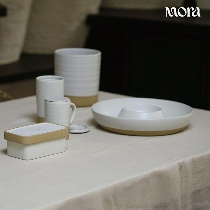 MORA Ceramic Chips and Dip Serving Tray: Large Divided Party Bowl Set for Chips & Salsa, Veggies & Dip, Fruit, Snacks, Entertaining, Hosting, etc. Minimalist Design for the Modern Hostess - Oat - Image 6