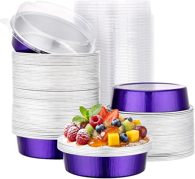 Beasea Mini Ramekins with Lids, 100 Pack 7.3oz Disposable Aluminum Tart Pie Baking Tins Pans, 4 Inch Small Individual Cheesecake Tart Containers Oven Baking Dishes for Party - Violet Purple by Beasea
