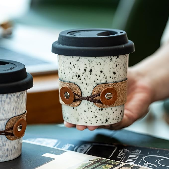 To Go Coffee Mug Porcelain, Travel Coffee Tumbler, Spill Proof | 8.5oz Ceramic Coffee Cups with Lid | Reusable Camping Mug | Microwave and Dishwasher Safe | Gifts for Coffee Lovers - Image 5