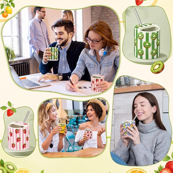 4 Pack Fruit Ceramic Coffee Mug with Sip Hole 10 Oz Espresso Cup with Straws Retro Hand Painted Fruit Porcelain Coffee Tea Cup Cappuccino Latte Mug for Kitchen Dining Travel - Image 6