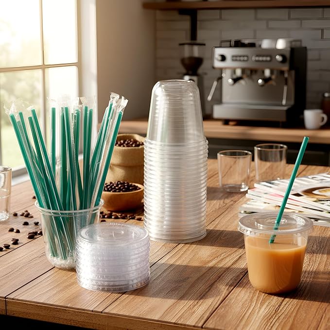 Baderke 25 Set Plastic Cups with Lids and Straws, Disposable Plastic Iced Coffee Cup for Cold Beverage Juice Smoothie Crystal for Coffee Shops Party Catering (Clear,10 oz) - Image 2