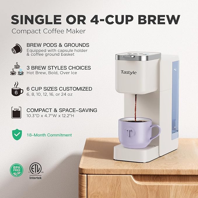 Tastyle Single Serve Coffee Maker for K Cups and Grounds with 3 Brew Styles | 40oz Removable Water Tank, 6 to 24oz Brew Size, Compact Design, Fits 7.3" Travel Mug, for Home, RVs and Office, K330IC, Beige - Image 2