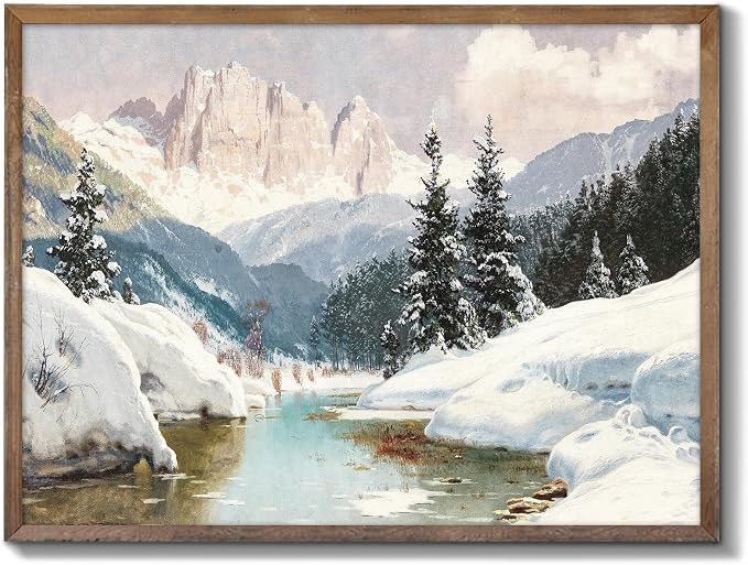 XOCUUI Vintage Unframed Canvas Wall Art, Snow Stream River Tree Cloud Winter Christmas Wall Art, Farmhouse Landscape Art Hanging Paintings for Living Room Bathroom Bedroom,11x14in by XOCUUI