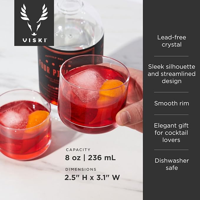 Viski Raye Crystal Negroni Glasses, Lowball Cocktail Glasses Premium Crystal Glassware, 8oz Tumbler Glasses Set of 4 - Image 3