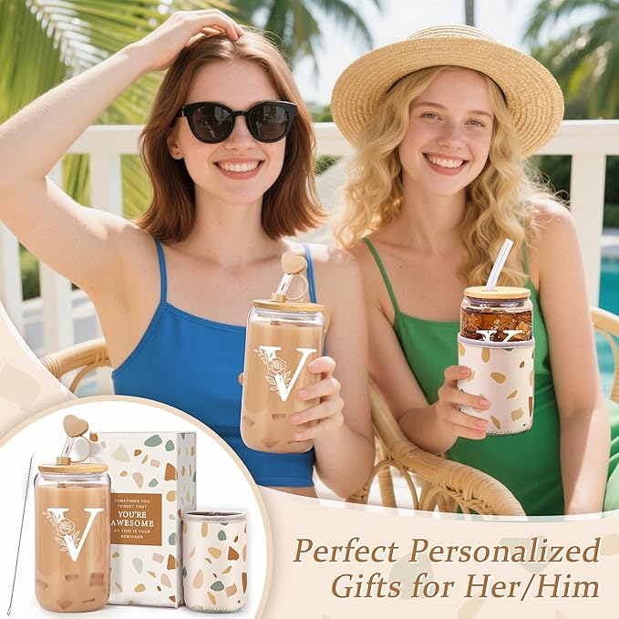 Personalized Gifts for Women, Monogrammed Gifts for Women, Initial 16 oz Glass Cups With Lids and Straws, Customized Mug, Personalized Birthday Gifts Christmas Gifts for Her Mom Friend Woman, V