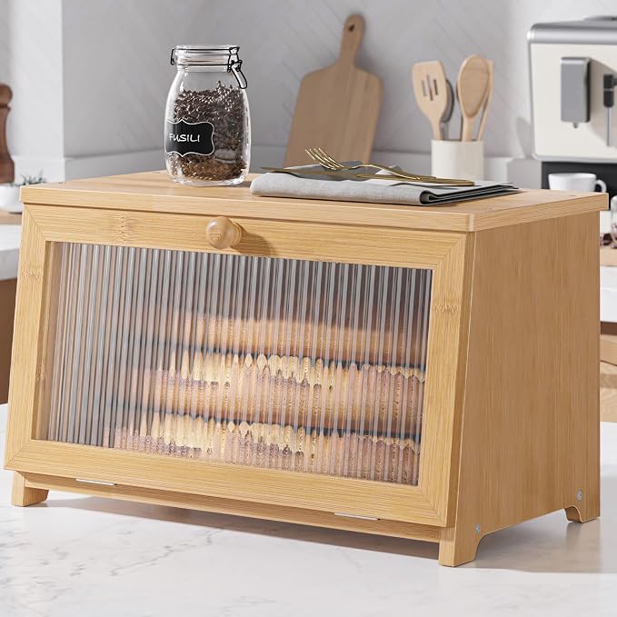 Kitsure Wooden Bread Box for Kitchen Countertop, 1-Tier, Bamboo | Large Capacity Kitchen Countertop Organizer, Stylish Bread Storage with Window, Multi-functional Container by Kitsure