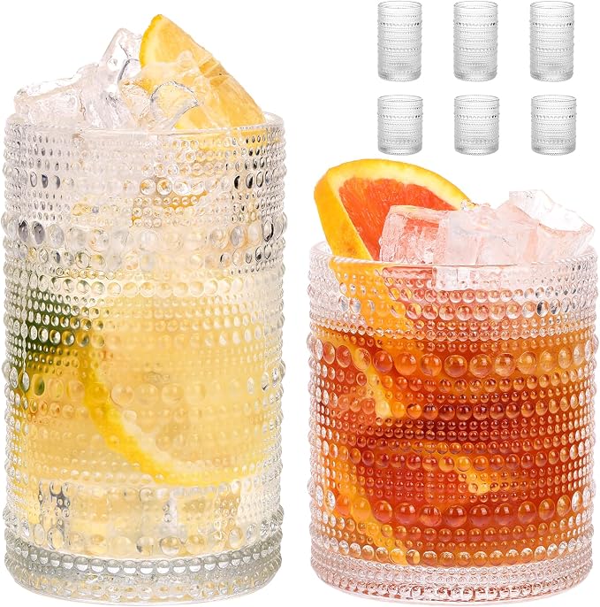 Moretoes Hobnail Drinking Glasses Set of 6, Vintage Water Glass Cups | 12 Oz Highball Glasses & 10 Oz Cocktail Glasses, Clear Embossed Boho Kitchen Bar Tumbler for Whiskey, Beer, Juice, Milk by Moretoes