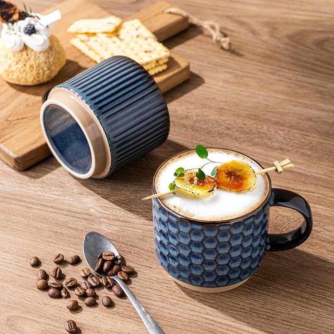 GBhome 15 OZ Stackable Coffee Mugs Set of 4, Ceramic Coffee Cups Set | 4 Assorted Designs, Embossed Mugs with Texture Patterns for Tea/Coffee, Dishwasher&Microwave Safe, Deep Sea - Image 6