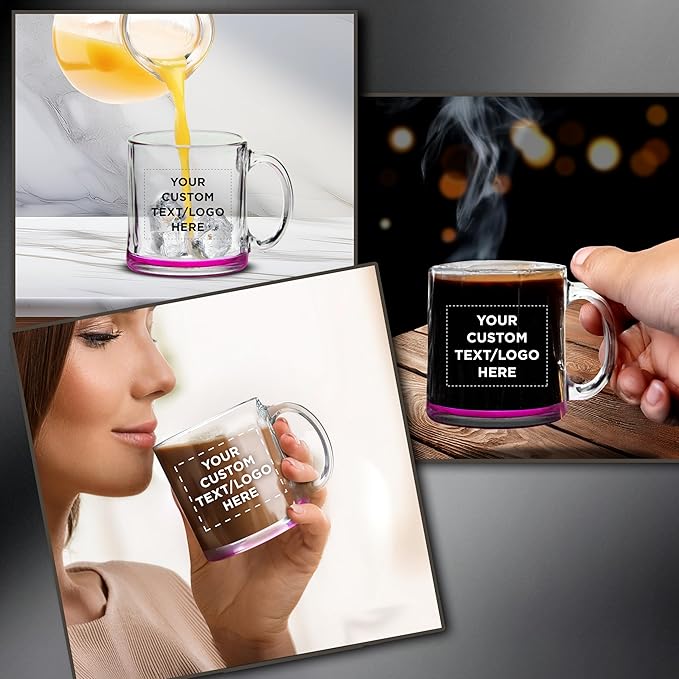Custom Libbey Clear Glass Coffee Mugs 13 oz. Set of 100, Personalized Bulk Pack - Perfect for Coffee, Tea, Espresso, Hot Cocoa, Other Beverages - Pink Bottom