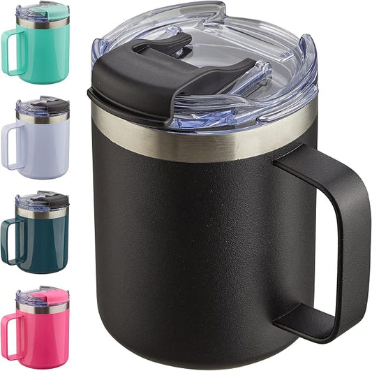 12oz Insulated Coffee Mug Cup with Handle, Stainless Steel Travel Coffee Mug with Flip Lid, Double Wall Vacuum Coffee Tumbler, Black by ALOUFEA