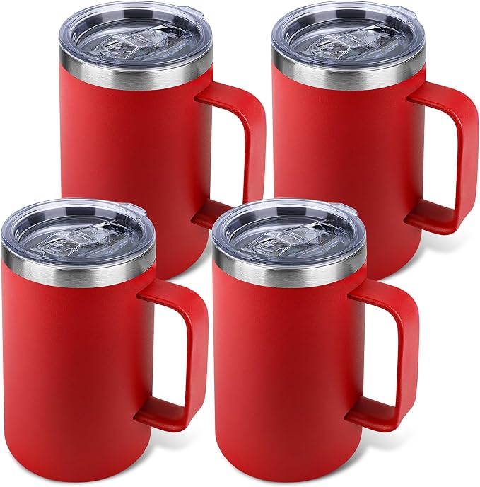 22oz Insulated Coffee Mug with Handle & Leak-Proof Lid - Double Wall Stainless Steel Travel Tumbler Bulk for Commute/Office/Home, Red, 4 Pack by Unknown