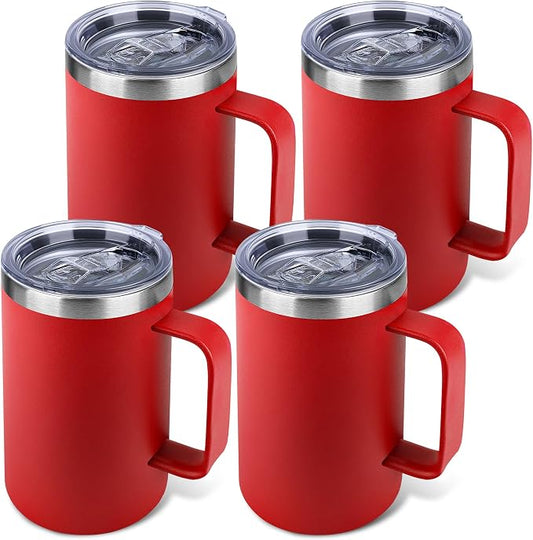 22oz Insulated Coffee Mug with Handle & Leak-Proof Lid - Double Wall Stainless Steel Travel Tumbler Bulk for Commute/Office/Home, Red, 4 Pack by Unknown