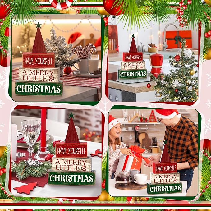 Moucuny 4 Pcs Christmas Decor Wooden Christmas Tree Winter Tiered Tray Decor Xmas Table Centerpiece Rustic Decorative Tree Block Signs Gift Farmhouse Winter Table Decoration for Home Kitchen - Image 4