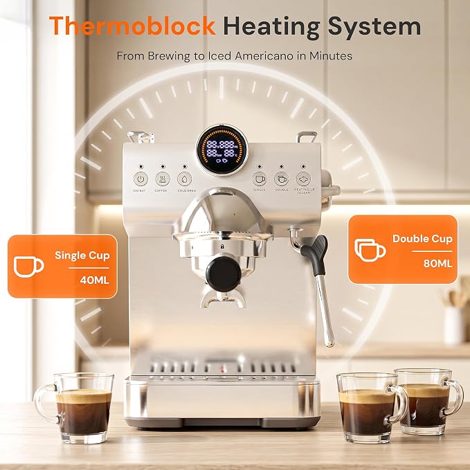Kismile Espresso Machine with Milk Frother, 20Bar Hot & Cold Brew Semi-Automatic Expresso Coffee Machine with Single & Double Shot, LED Display for Home Barista Latte and Cappuccino - Image 4
