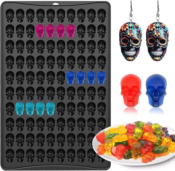 Mini Skull Molds Silicone, 100 Cavity Halloween Skull Chocolate Candy Mold | Mini Gummy Molds Skeleton for Ice Cubes, Biscuits, Cookies, Jelly, Cupcake Decorations, Pet Treats, Holiday Party, Non-Stick by SIQINZONGWA