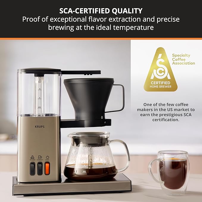 KRUPS Essential Brewer 8 Cup Drip Coffee Maker Machine, SCA-Certified, Blooming Technology, Barista-Quality, Pour Over Coffee Machine, Easy to Clean, Stainless Steel Design, Silver - Image 2
