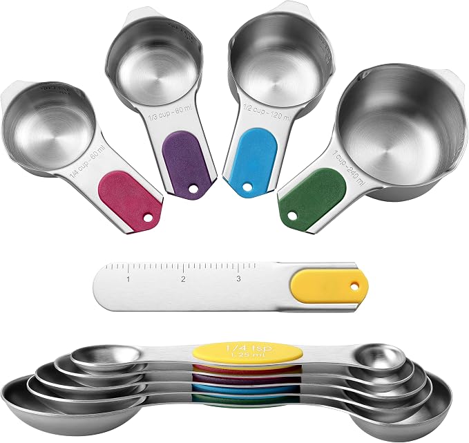 Spring Chef Magnetic Measuring Cups & Spoons Set of 9, Patented, Multicolor | Nesting Stainless Steel Measuring Cups & Heavy Duty Metal Measuring Spoons with Levelers for Dry & Liquid Ingredients by SpringChef
