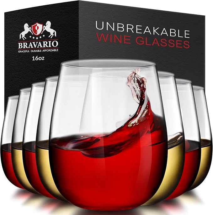 Bravario Unbreakable Stemless Plastic Wine Glasses | Reusable | Shatterproof 100% Tritan Plastic | Dishwasher-Safe | BPA-free | Awesome for Indoor & Outdoor | 16 oz, Set of 8 by Bravario