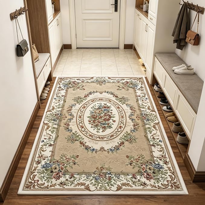 Luxury Soft Rustic Floral Area Rugs Washable Elegant Shabby Rose Rug Non Slip Accent Floor Rugs Carpet for Bedroom, 55'' x 35'', Beige Garden by Ukeler