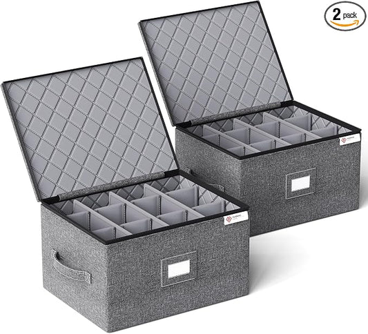 2 Pack Wine Glass Storage Box with Dividers,Stemware Storage Cases with Sturdy Handle and Hard Shell for Glassware Crystal Storage,Transport and Moving,Holds 12,Grey by YEARNINGHOME