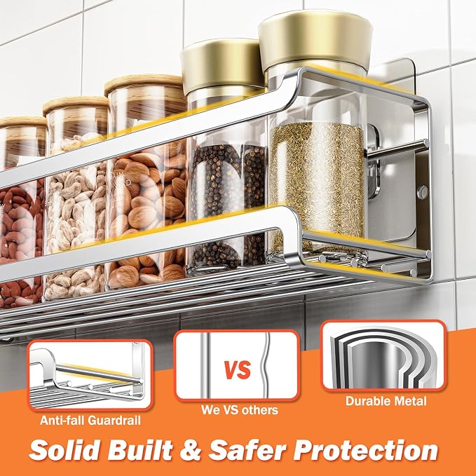 Bunoxea Spice Rack Wall Mounted 2 Pack, Silver,For Spice Jars & Seasonings | 2 Removalble Hooks,Screw or Adhesive Hanging, Space-Saving,For Kitchen Cabinet, Pantry Door,Stove,RV Use,11.41x2.75x2.75in - Image 5