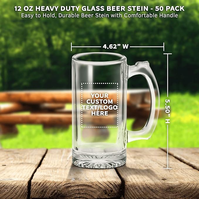 50 Libbey Beer Mugs Set, 12 oz. - Customizable Text, Logo - Groomsmen Glassware - Clear