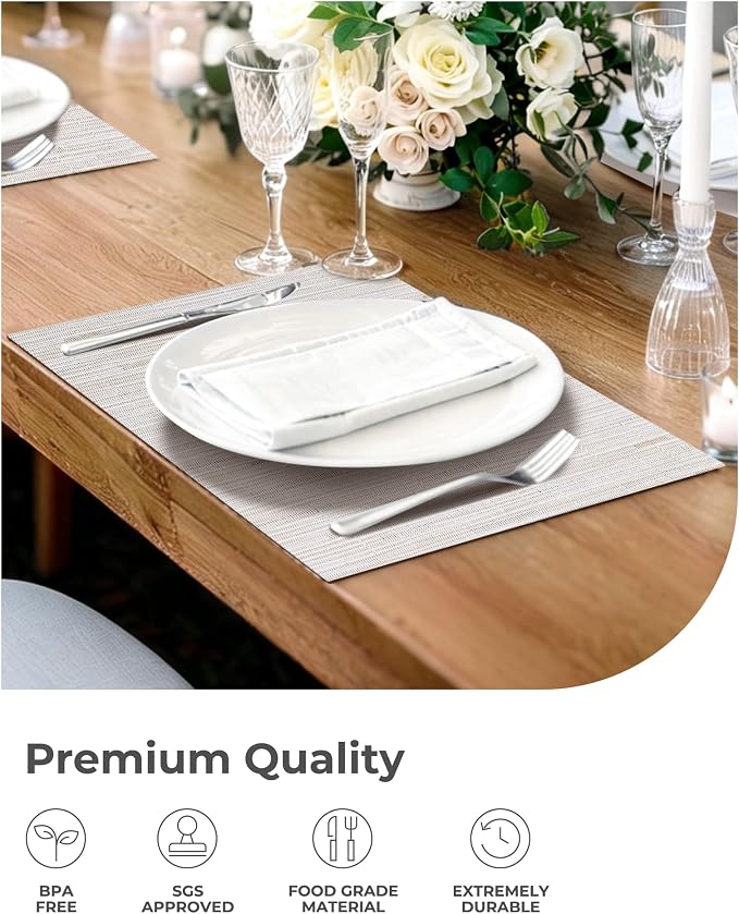 Leetaltree Pale Beige Placemats Set of 4 - Heat Resistant Non-Slip Place mats for Dining Table, Washable Durable PVC Vinyl Woven Table Mats（Pale Beige, 4） - Image 6