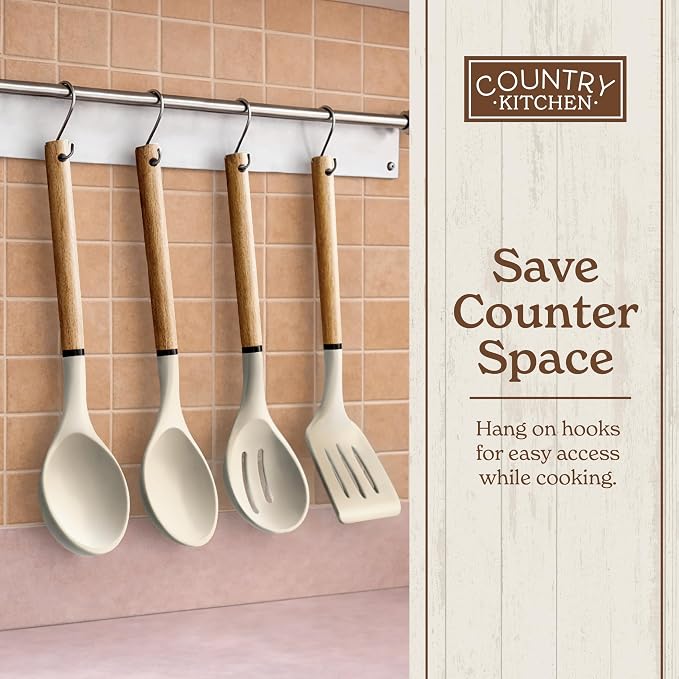 Country Kitchen Non Stick Silicone Utensil Set with Rounded Wood Handles for Cooking and Baking, 8 Piece Set, Khaki - Image 8