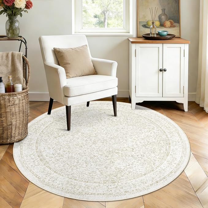 Round Rugs 4ft Vintage Floral Small Circle Rug, Washable Non Slip Soft Low Pile Stain Resistant Carpet for Living Room Bedroom Entryway Dining Room (FloralBeige, 4' Round) - Image 3