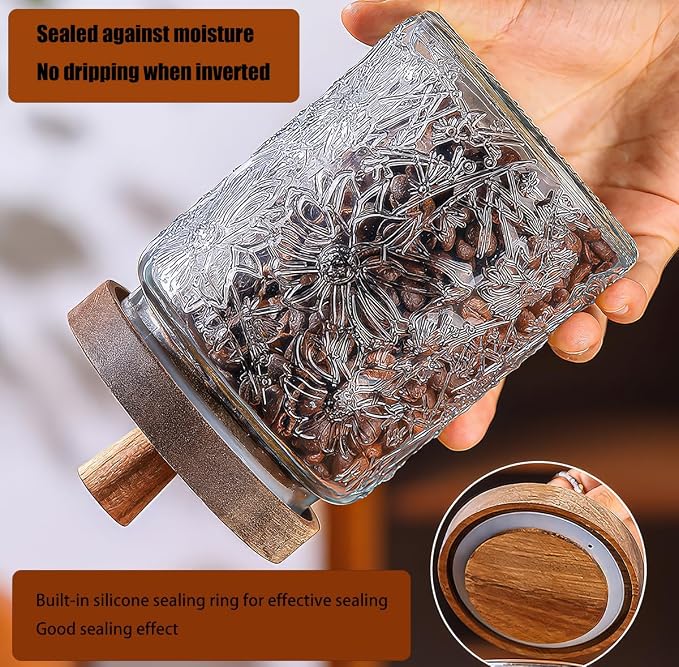 Vintage Glass Jars with Airtight Wood Lids & Handles - 16.9 OZ Set of 4 - Coffee Jars,Tea Canisters,Candy Jars for Flour,Sugar- Kitchen Pantry Containers (4, Rippling wheat pattern) - Image 4