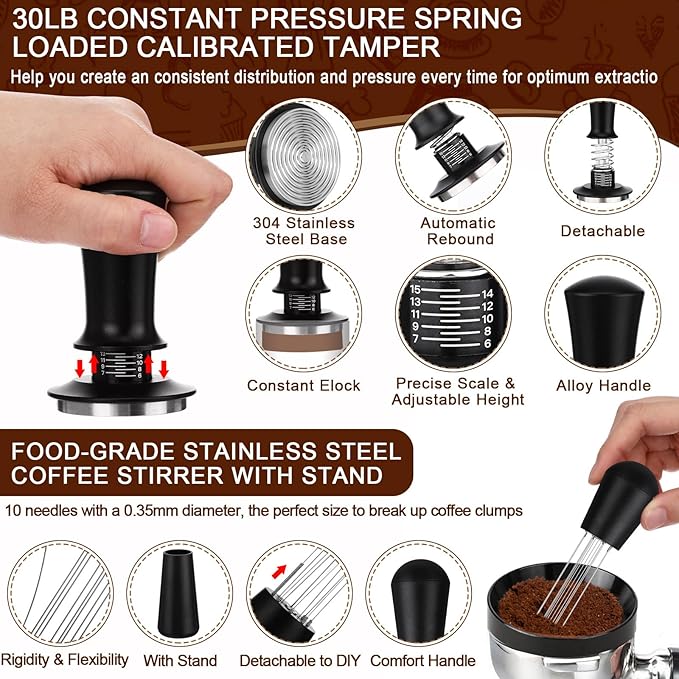 7Pcs 53mm Espresso Accessories Kit Espresso Tamping Station Spring Loaded Calibrated Tamper Tool and Dosing Funnel Set Coffee Distributor and Tamper Leveler Fits 53mm Machines