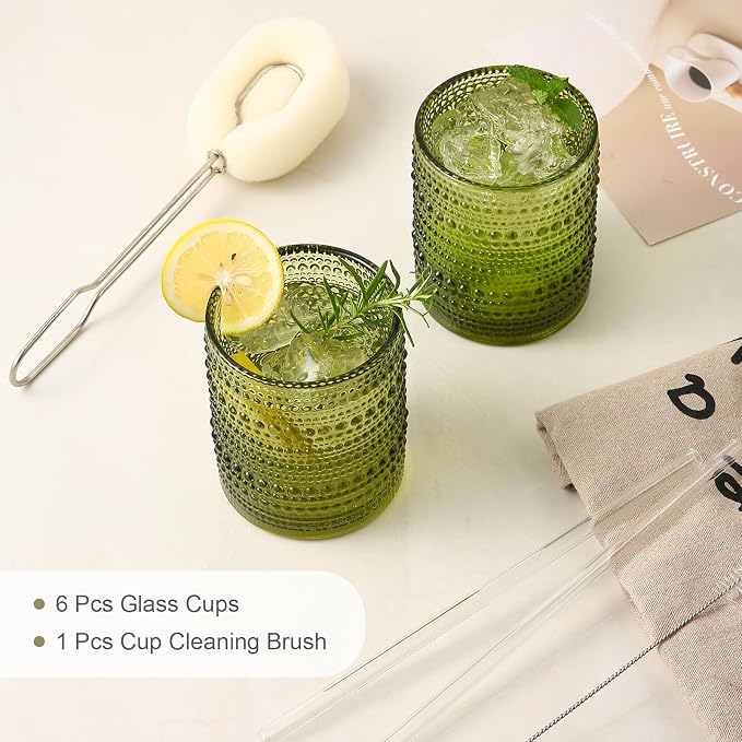 ZMOWIPDL Drinking Glasses Set of 6,12oz Green Hobnail Glass Cups | Vintage Glassware，Embossed Water Tumbler,for Beer,Cocktail,Whiskey,Juice and Various Mixed Drinks- 1 Cleaning Brush - Image 5