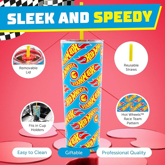 Dragon Glassware x Hot Wheels Tumbler with Straw, 24 oz - Race Team | Vacuum Insulated Stainless Steel Tumbler with Straw & Lid; Double Walled Tumbler with Straw; Hot Wheels Cup with Lid - Image 5