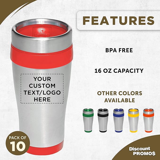 Custom Insulated Stainless Steel Travel Mugs 16 oz. Set of 10, Personalized Bulk Pack - Perfect for Coffee, Soda, Other Hot & Cold Beverages - Red