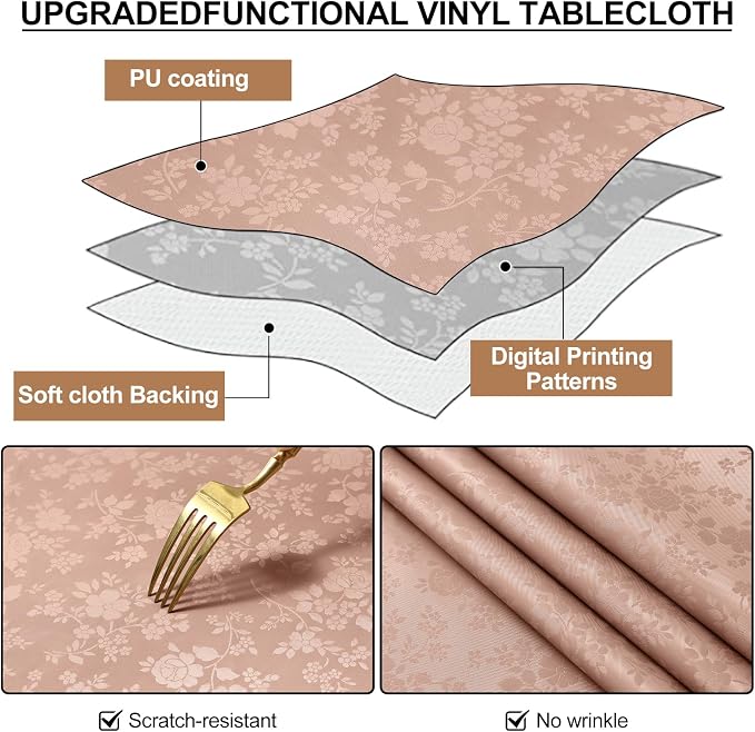 Smiry Round Waterproof Heavy Duty Vinyl Tablecloths, 70 x 70 Inch | Wipeable Washable Floral Embossed Table Cover for Kitchen and Dining Room, Indoor & Outdoor Use, Tan - Image 6
