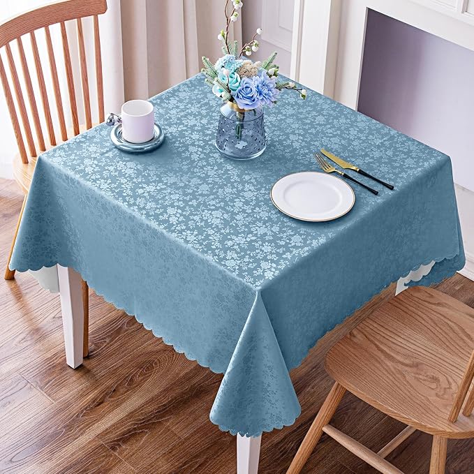 Smiry Square Waterproof Heavy Duty Vinyl Tablecloths, 70 x 70 Inch | Wipeable Washable Floral Embossed Table Cover for Kitchen and Dining Room, Indoor & Outdoor Use, Stone Blue by Smiry