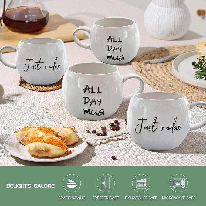 Ceramic Coffee Mugs Set, Just Relax and All Day Design, large capacity heat-resistant handle, Great for Tea Hot Chocolate, Microwave Safe, Modern, Unique Style for Any Kitchen-4pack - Image 3