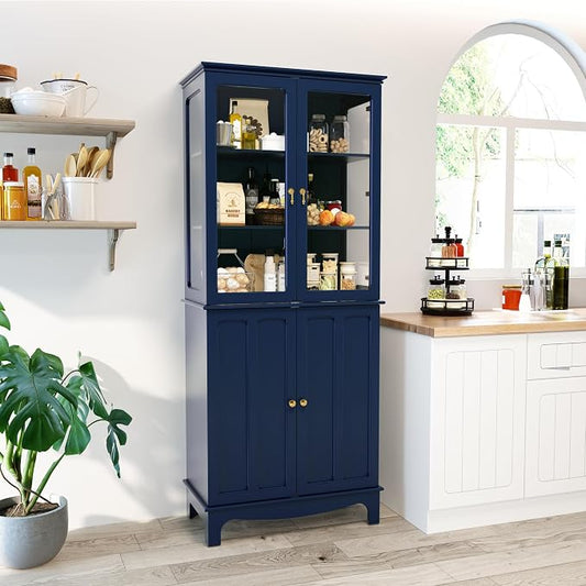72" Tall Kitchen Pantry Cabinet with Glass Door and Adjustable Shelves, Vintage Food Storage Cabinet for Kitchen, Dining Room, Living Room, Dark Blue by MROJISC