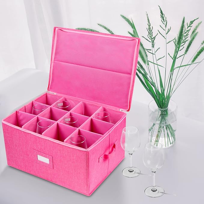 Wine Glass Storage Box, Stemware Storage Containers Cases with Dividers | Stackable Moving Supplies for 12 Wine Glasses, Drinkware , Glassware or Crystal, Hard Top and Stackable (Pink) - Image 2
