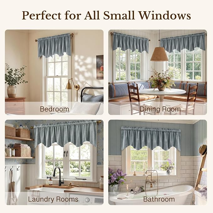 Stone Blue Velvet Window Valance Scalloped 52x18 Inch 1 Panel | Soft Wavy Blue Scalloped Curtains for Small Windows, Modern Window Treatment for Bathroom, Laundry, RV - Image 6