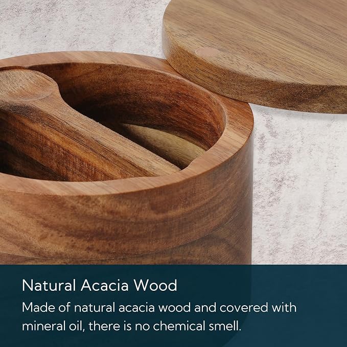 KITCHENDAO Acacia Wood Salt and Pepper Bowl Box, Built-in Spoon, Two Compartments Spice Seasoning Container, Sea Salt Cellar Holder, Magnetic Swivel Lid, Dual 5oz Capacity - Image 5