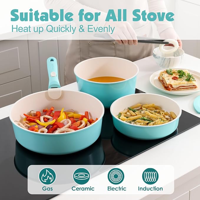 SENSARTE 17 Piece Ceramic Detachable Handle Pots and Pans Set Turquoise | Ceramic Cookware Set, Induction Cookware Set with Removable Handle, Healthy Non Stick for RV, Dishwasher ＆ Oven Safe - Image 6