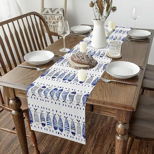 jejeloiu Ocean Fish Table Runner Blue and White Ocean Dresser Scarfs Nautical Fish Design Dresser Runners Sea World Table Decoration for Home Party Decor 13x60 Inch by jejeloiu
