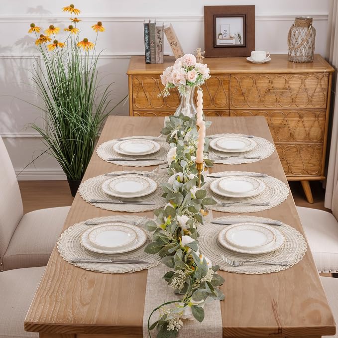 SHACOS Round Placemats Set of 4 Boho Braided Border Table Place Mats for Dining Table Wedding Holiday Party (Ivory Bordered, 4) - Image 7